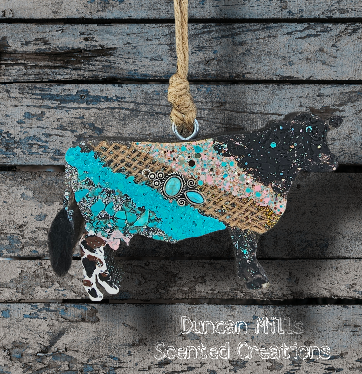 Cow Freshie |Mama | Burlap|Turquoise | Made to order