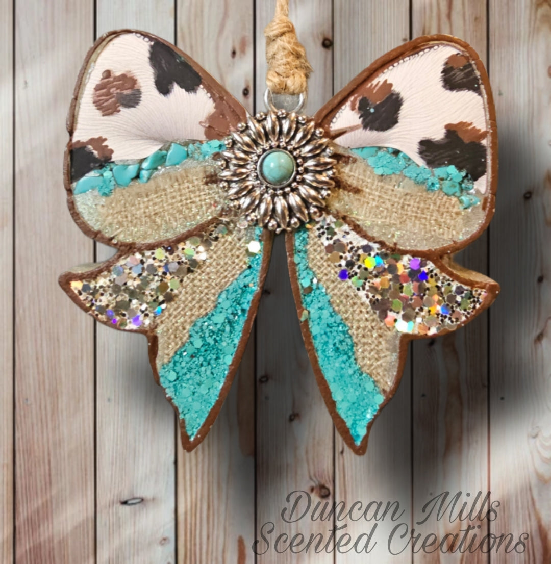 Big Bow | Cow Print | burlap| silver turquoise charm