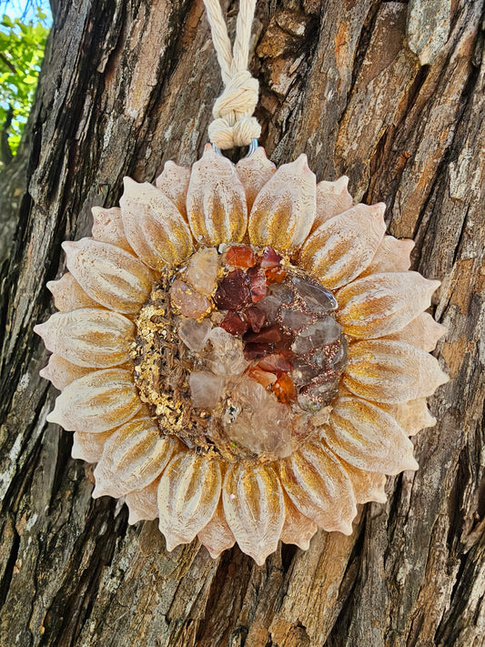 Ready-to-ship Boho Crystal Sunflower Freshie | One of a Kind | Authentic Crystals | Heavy Cream Scent