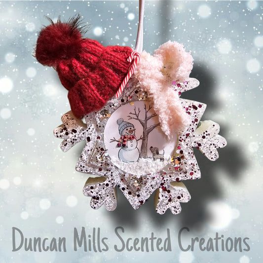 Snowman & pup scene Snowflake Freshie | Dog lovers | Stocking cap | Made to order