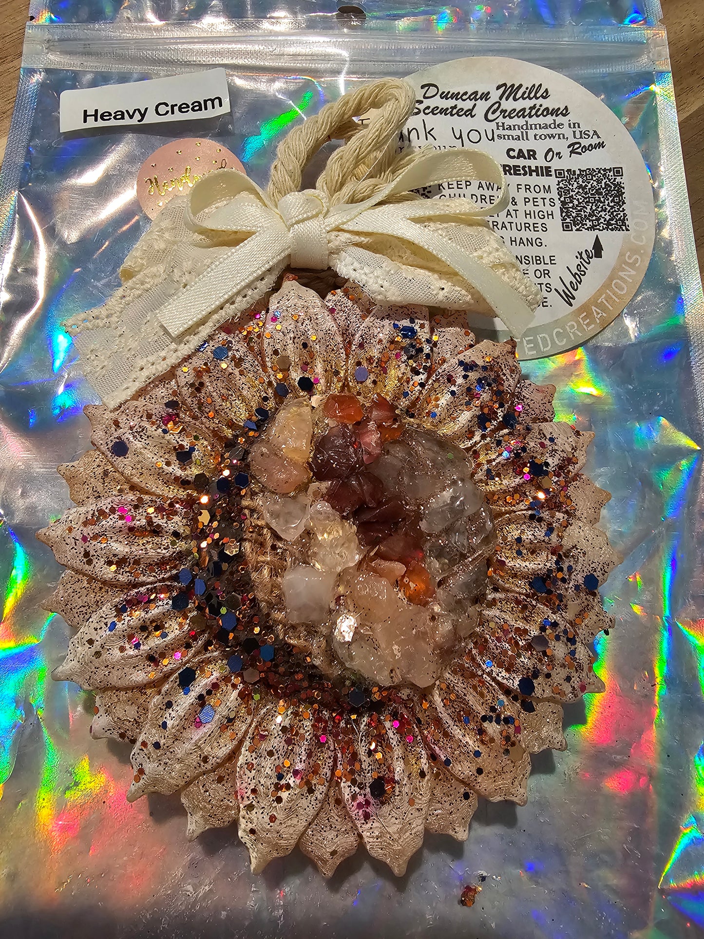 Ready-to-ship Boho Crystal Sunflower Freshie | One of a Kind | Authentic Crystals | Heavy Cream Scent
