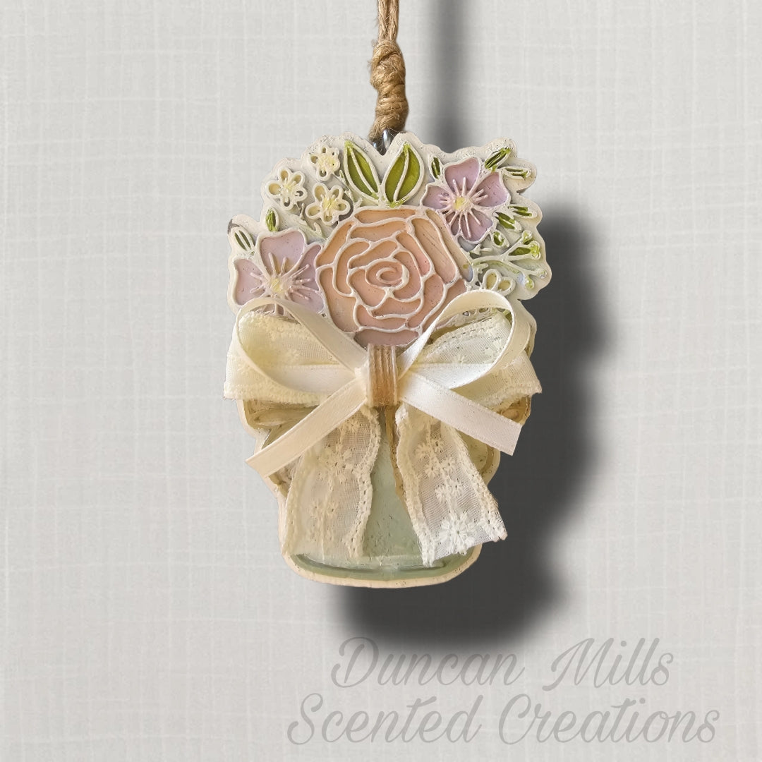 Flower bouquet Jar Freshie  | Lace & Burlap Bow | Made to order
