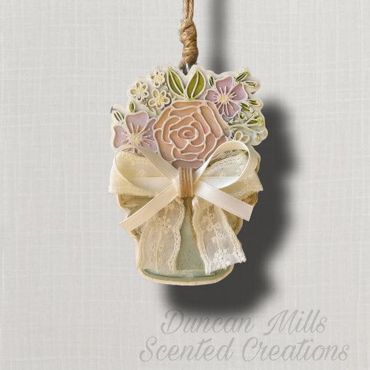 Flower bouquet Jar Freshie  | Lace & Burlap Bow | Made to order